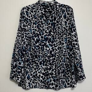 Talbots Black White Blue Leopard Print Blouse Size XLP